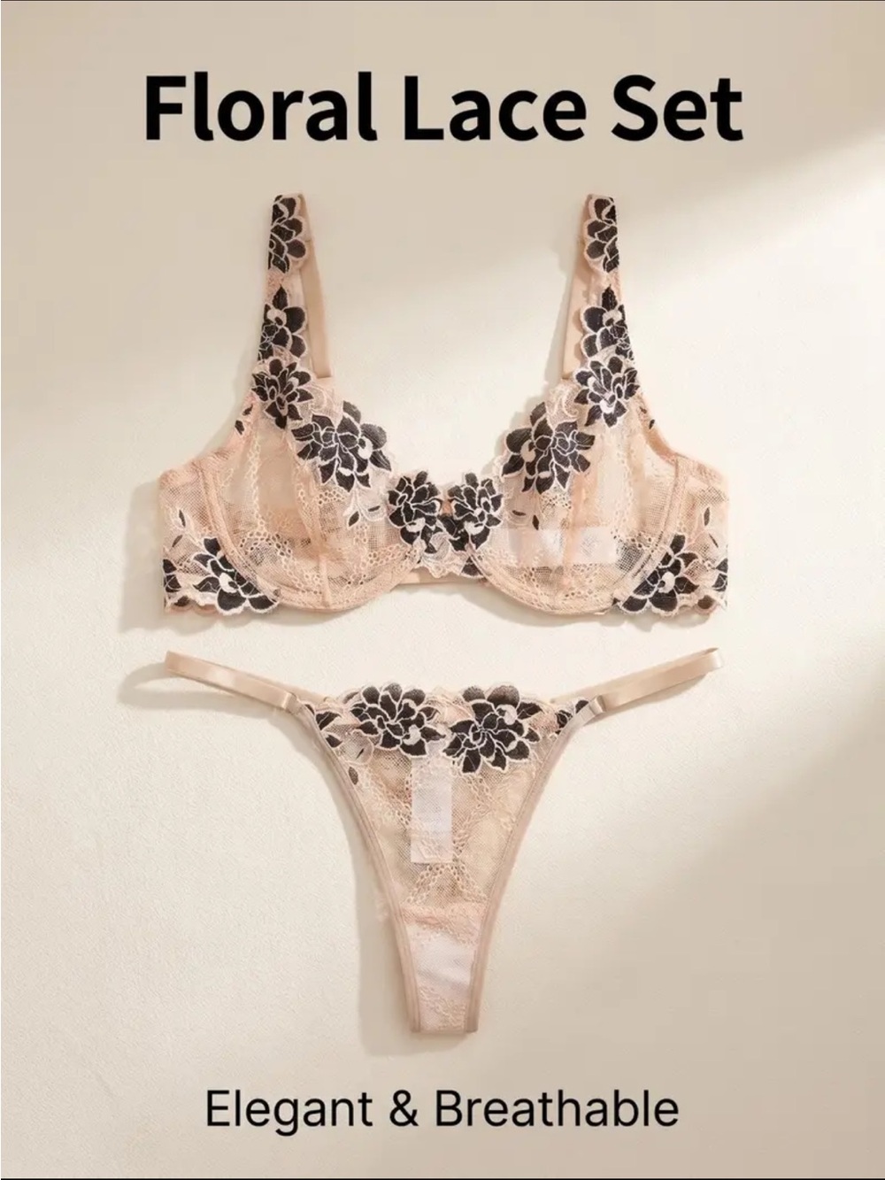 Cream & Black, Floral Trim, Lingerie Set